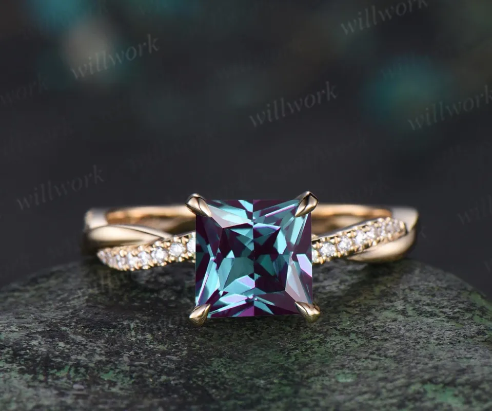 Princess cut alexandrite engagement ring 14k yellow gold 3/4 eternity twisted diamond ring vintage infinity promise ring women jewelry sold by Willwork Jewelry