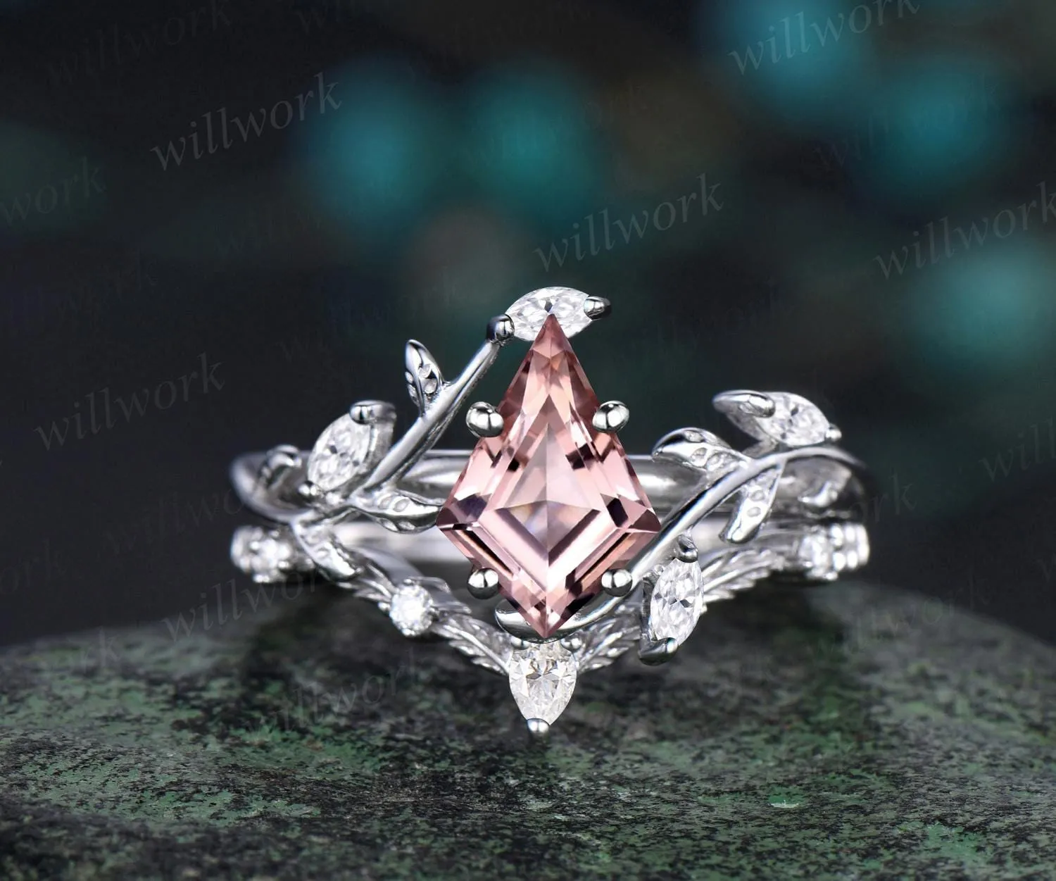 Vintage kite cut morganite engagement ring 14k rose gold leaf nature inspired ring women unique cluster diamond bridal promise ring set sold by Willwork Jewelry product image thumbnail 3