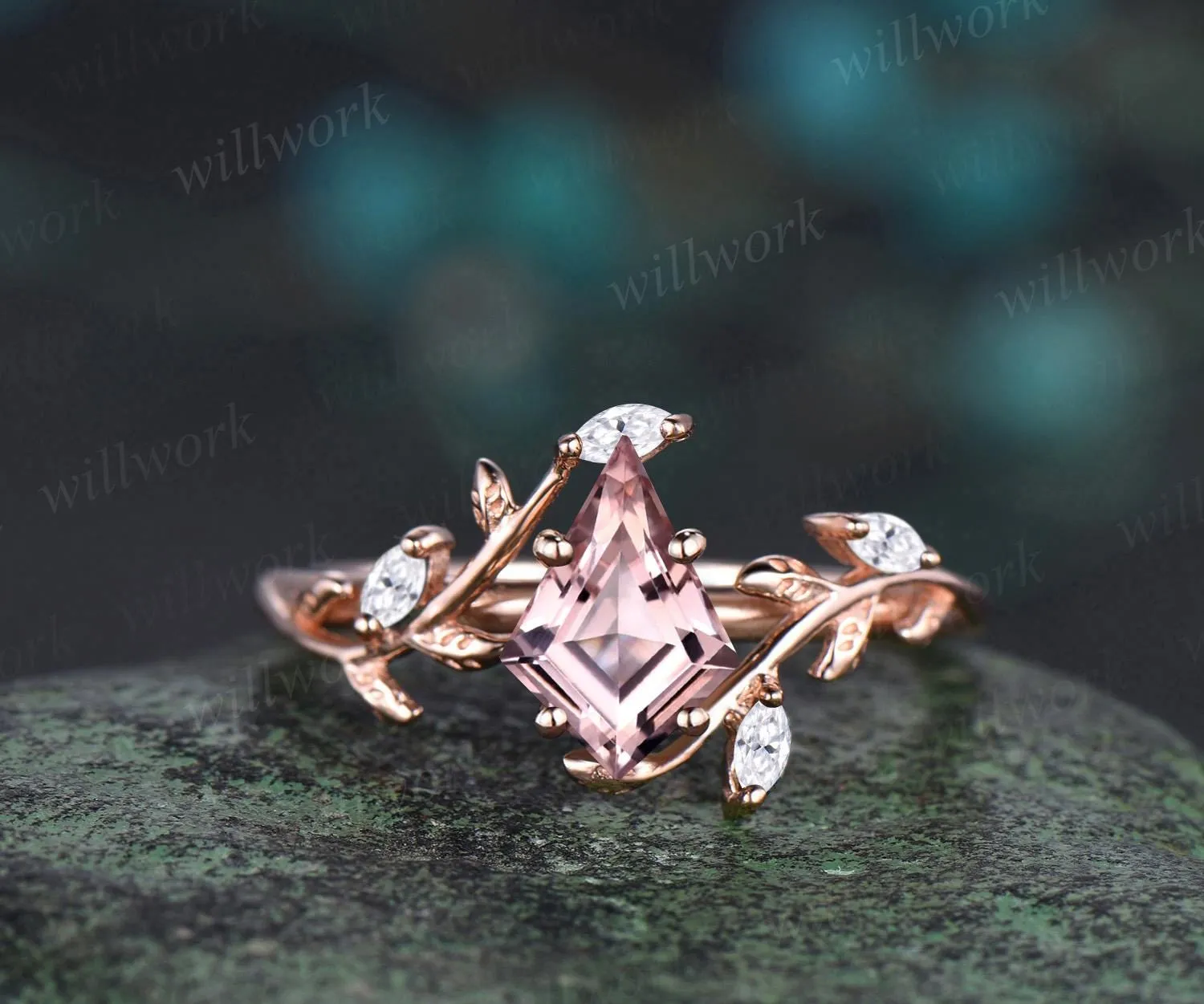 Vintage kite cut morganite engagement ring 14k rose gold leaf nature inspired ring women unique cluster diamond bridal promise ring set sold by Willwork Jewelry product image thumbnail 4