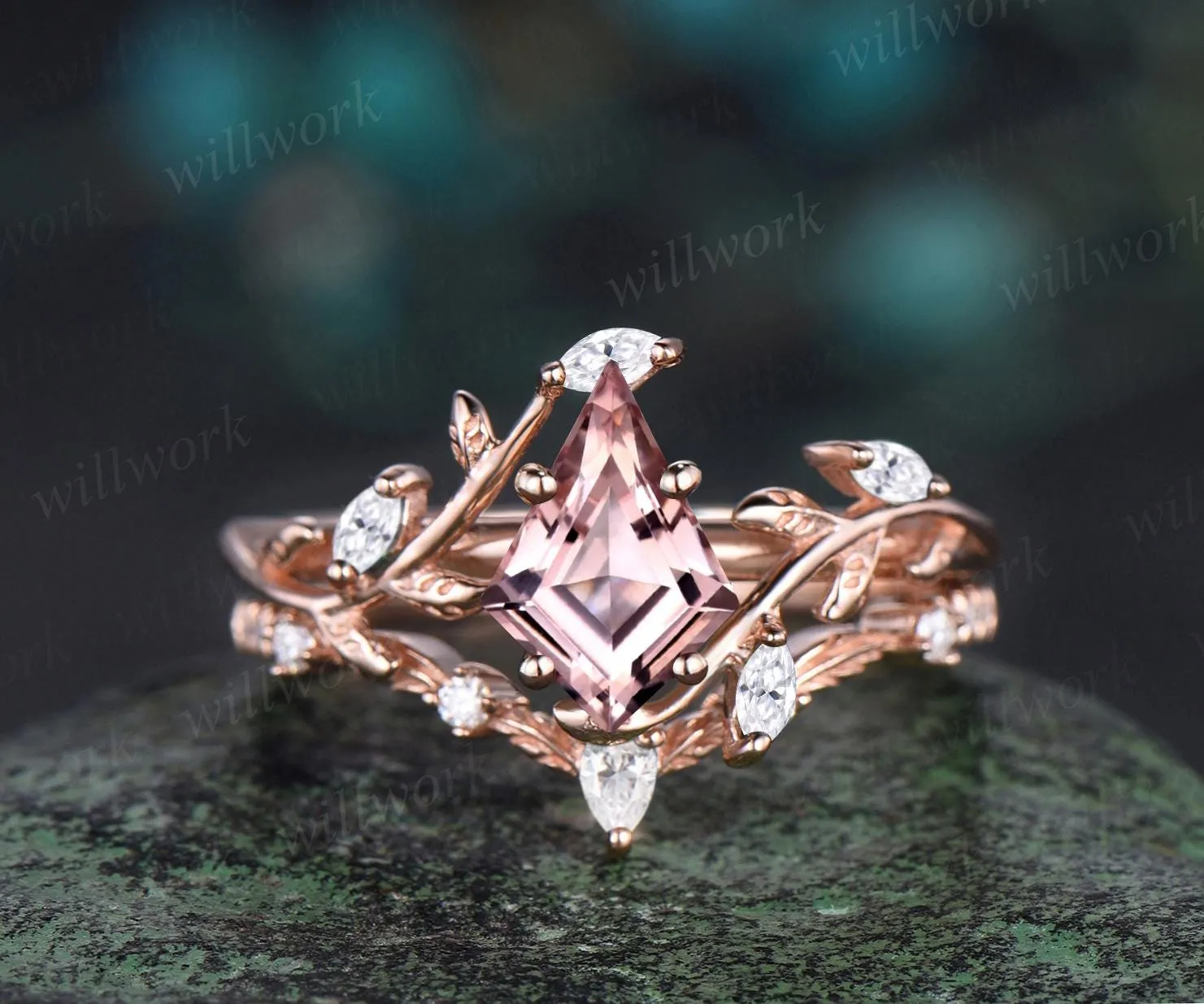 Vintage kite cut morganite engagement ring 14k rose gold leaf nature inspired ring women unique cluster diamond bridal promise ring set sold by Willwork Jewelry