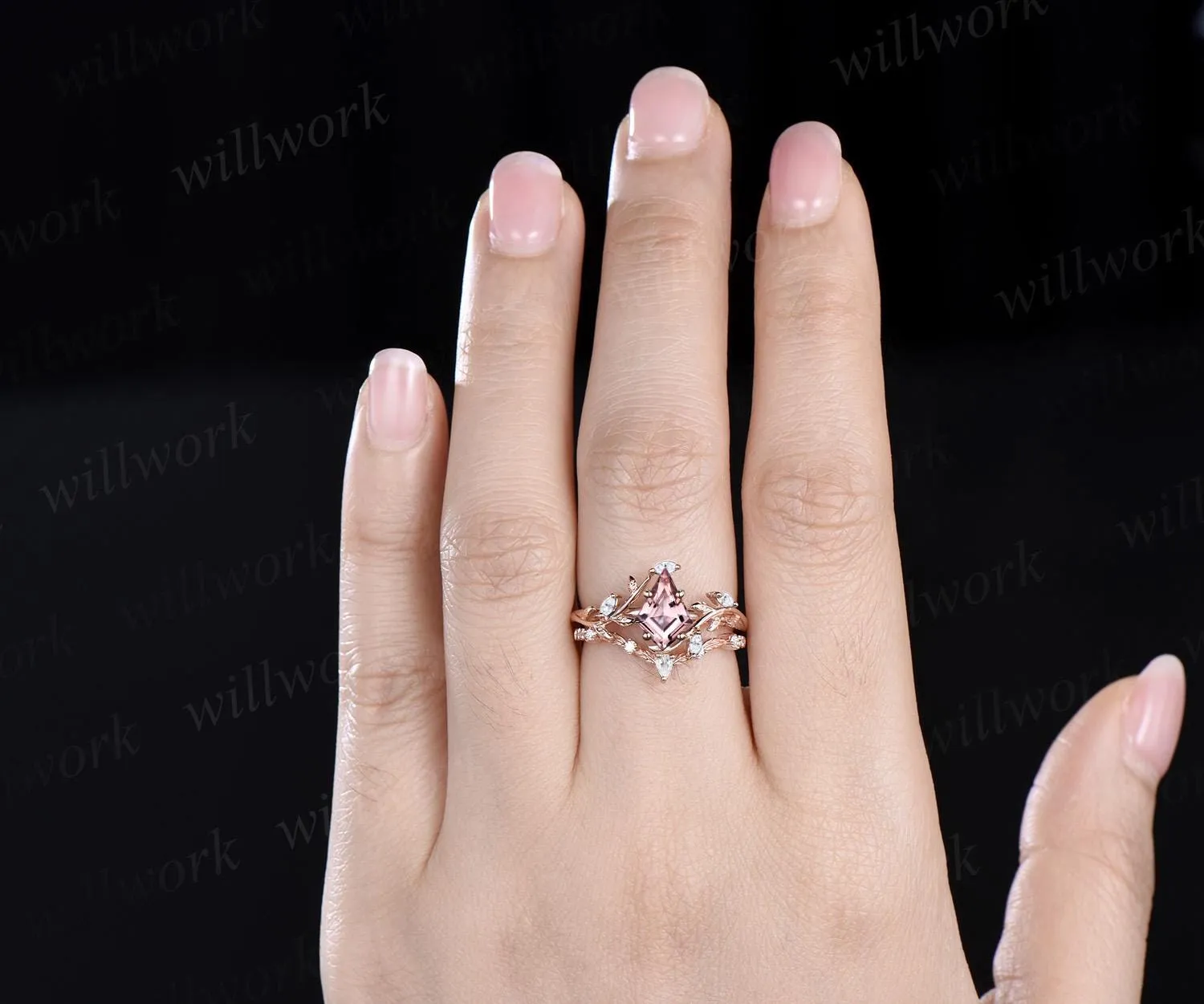Vintage kite cut morganite engagement ring 14k rose gold leaf nature inspired ring women unique cluster diamond bridal promise ring set sold by Willwork Jewelry product image thumbnail 2