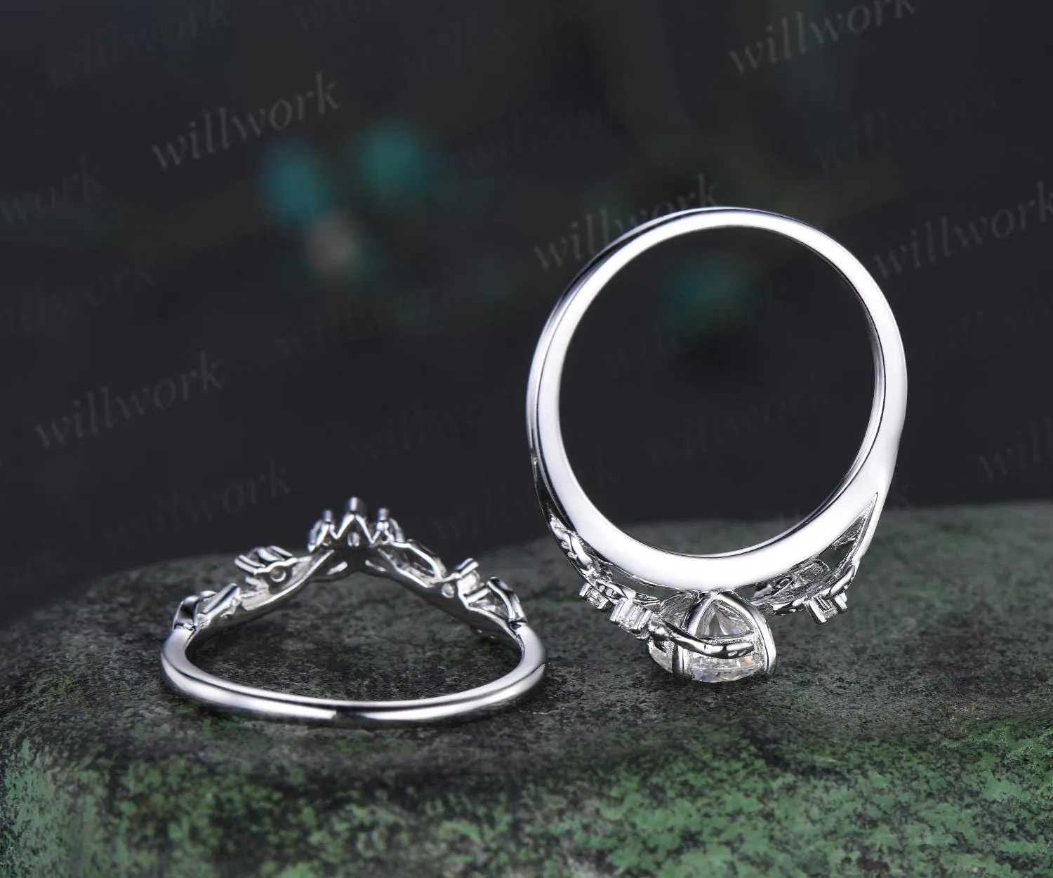 Vintage 1ct round cut IGI Lab grown diamond engagement ring set leaf nature inspired five stone wedding promise ring set women sold by Willwork Jewelry product image thumbnail 5