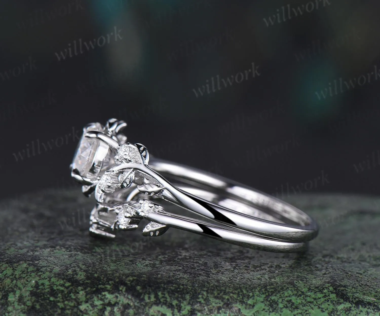 Vintage 1ct round cut IGI Lab grown diamond engagement ring set leaf nature inspired five stone wedding promise ring set women sold by Willwork Jewelry product image thumbnail 4