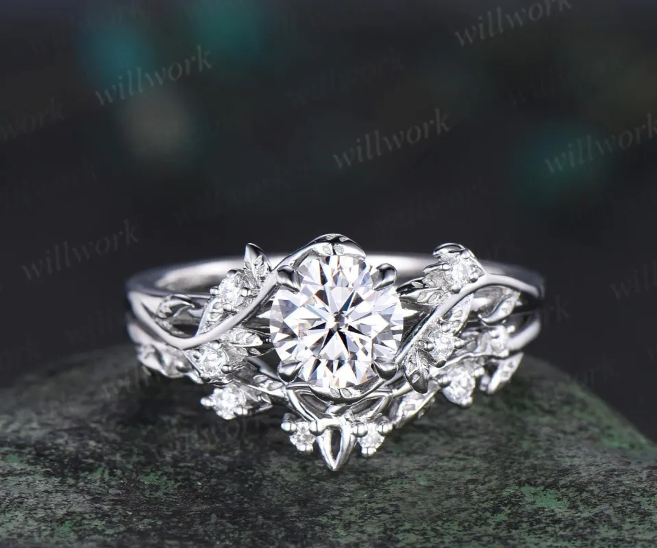 Vintage 1ct round cut IGI Lab grown diamond engagement ring set leaf nature inspired five stone wedding promise ring set women sold by Willwork Jewelry