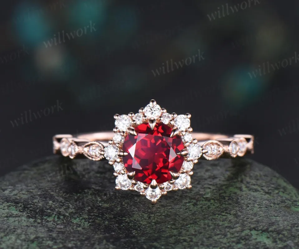 Vintage 1ct round cut red ruby engagement ring rose gold halo snowdrift milgrain diamond promise ring her unique wedding ring women sold by Willwork Jewelry