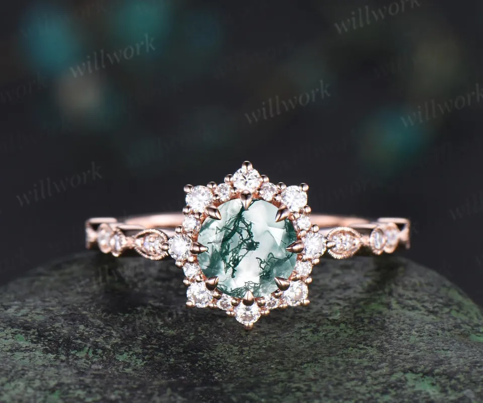 1ct round cut green moss agate engagement ring solid 14k rose gold halo snowdrift milgrain diamond promise ring unique wedding ring women sold by Willwork Jewelry