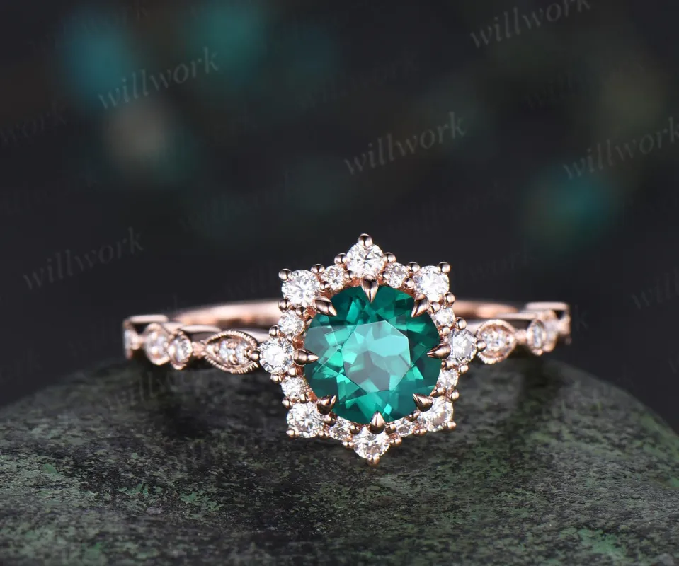 1ct round green emerald wedding ring rose gold 8 prong milgrain art deco halo emerald engagement ring May birthstone ring jewelry gift sold by Willwork Jewelry
