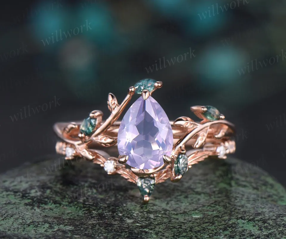 Vintage pear cut Lavender Amethyst engagement ring set rose gold art deco cluster leaf nature inspired moss agate bridal wedding ring women sold by Willwork Jewelry