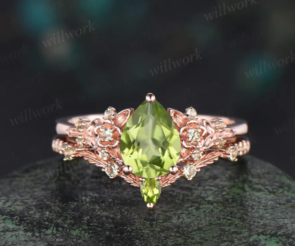 Teardrop pear cut natural peridot engagement ring set nature inspired leaf floral bridal ring set rose gold art deco anniversary gift sold by Willwork Jewelry