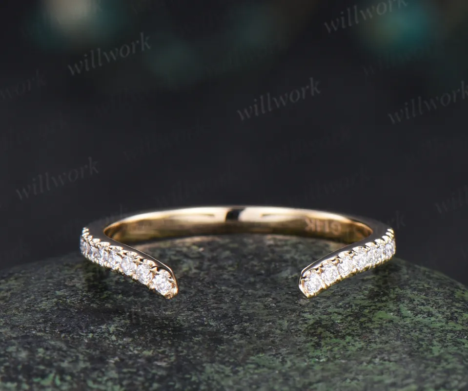 Curved open gap diamond wedding band solid 14k yellow gold half eternity stackable matching dainty bridal ring women gift sold by Willwork Jewelry