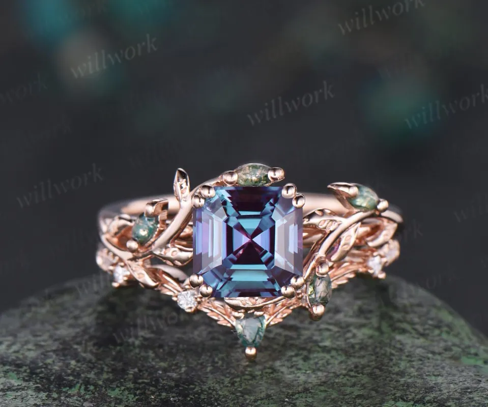 Vintage Asscher cut alexandrite engagement ring set 14k rose gold moss agate cluster leaf nature inspired bridal wedding ring set women sold by Willwork Jewelry