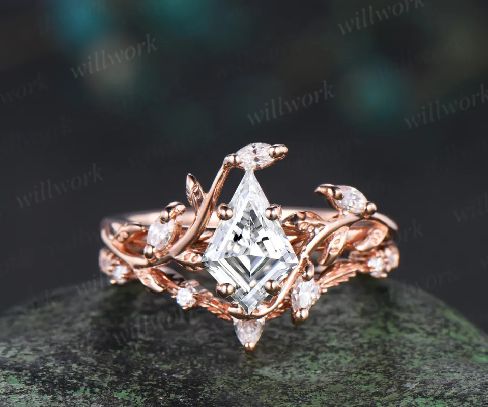 Vintage kite cut moissanite engagement ring 14k rose gold leaf nature inspired ring women unique cluster diamond promise wedding ring set sold by Willwork Jewelry