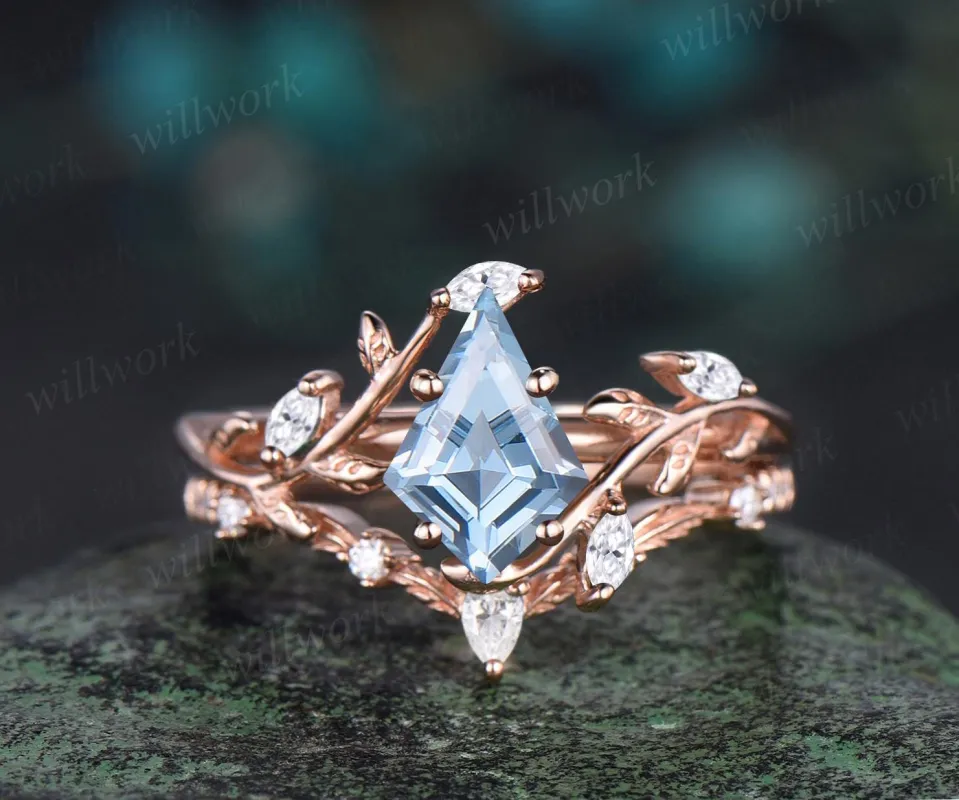 Vintage kite cut aquamarine engagement ring 14k rose gold leaf nature inspired ring women unique cluster diamond bridal promise ring set sold by Willwork Jewelry
