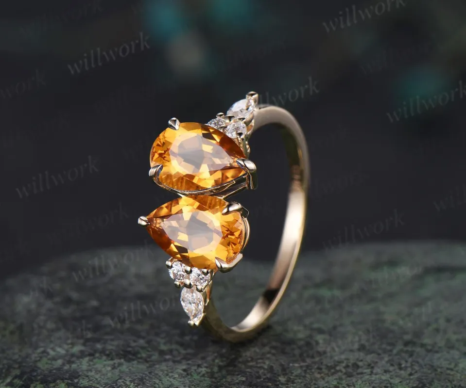 Teardrop pear cut yellow citrine engagement ring solid 14k yellow gold retro unique diamond crystal ring women anniversary gift sold by Willwork Jewelry