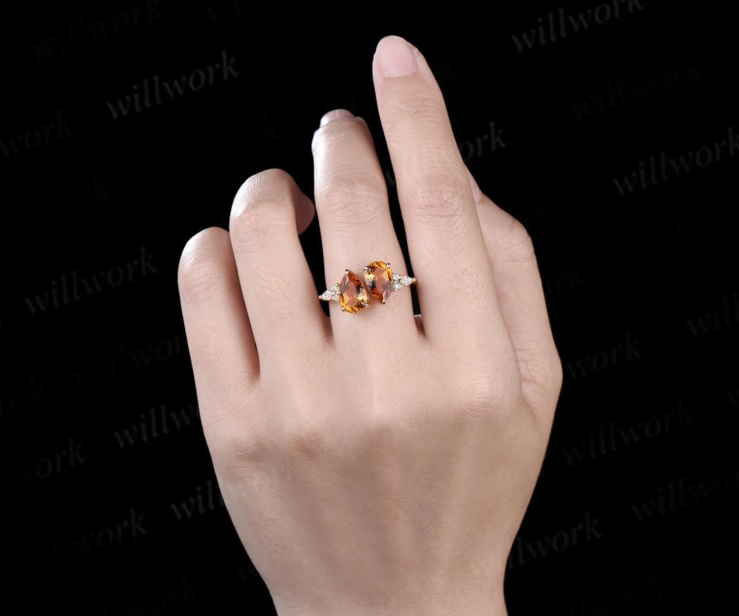 Teardrop pear cut yellow citrine engagement ring solid 14k yellow gold retro unique diamond crystal ring women anniversary gift sold by Willwork Jewelry product image thumbnail 3