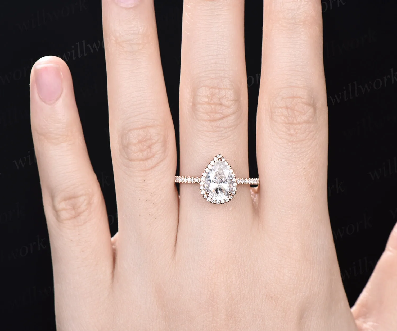 Vintage pear shaped IGI lab-grown diamond engagement ring rose gold half eternity halo diamond-accented ring unique stacking wedding bridal ring women sold by Willwork Jewelry product image thumbnail 2