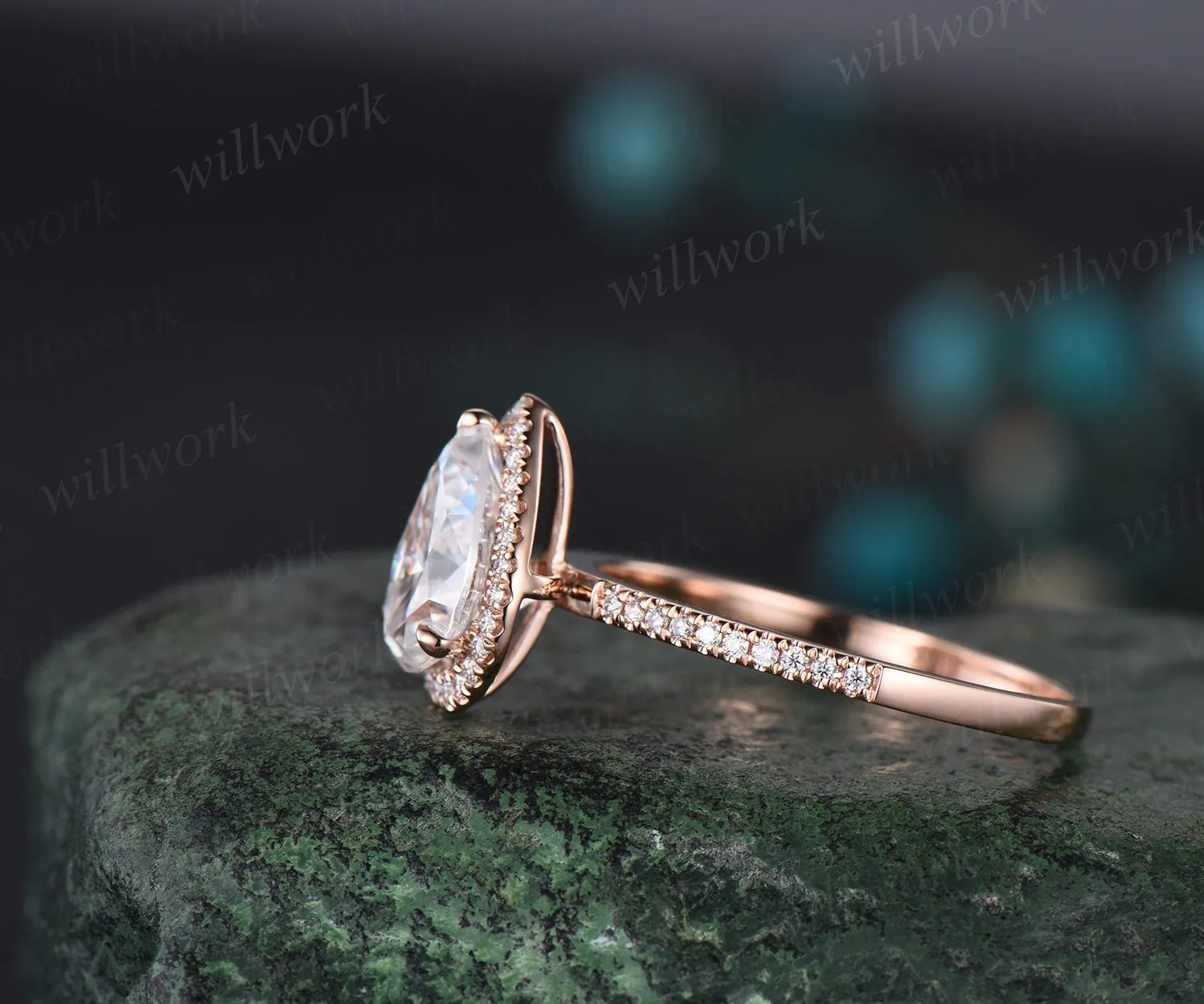 Vintage pear shaped IGI lab-grown diamond engagement ring rose gold half eternity halo diamond-accented ring unique stacking wedding bridal ring women sold by Willwork Jewelry product image thumbnail 5