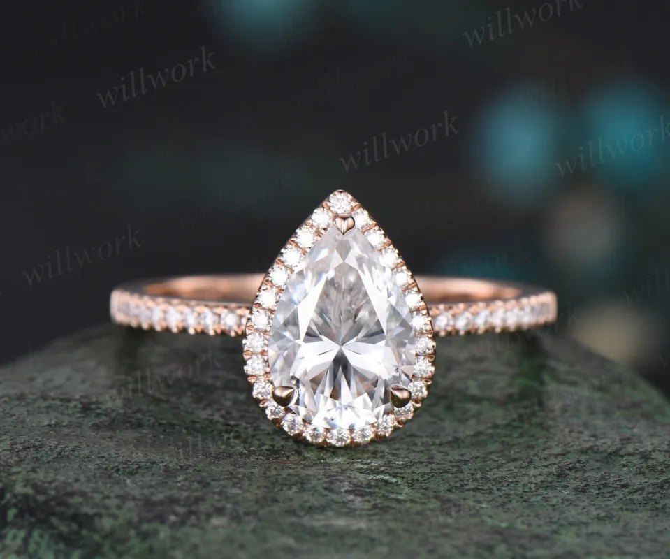 Vintage pear shaped IGI lab-grown diamond engagement ring rose gold half eternity halo diamond-accented ring unique stacking wedding bridal ring women sold by Willwork Jewelry
