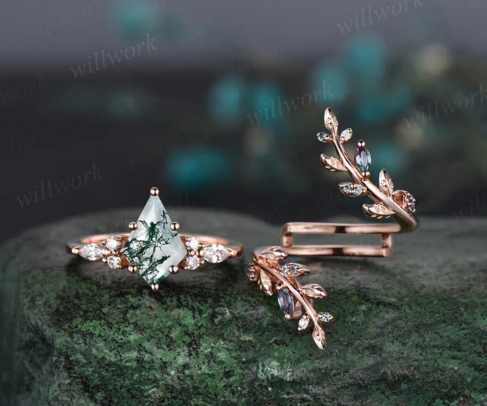 Kite cut moss agate engagement ring set 14k rose gold leaf alexandrite diamond wedding band enhancer unique bridal ring set women sold by Willwork Jewelry