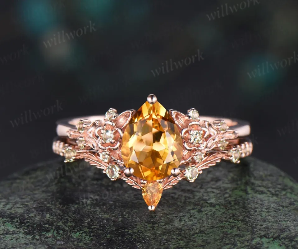 Teardrop pear cut yellow citrine engagement ring set solid 14k rose gold floral leaf nature inspired peridot ring vintage anniversary gift sold by Willwork Jewelry