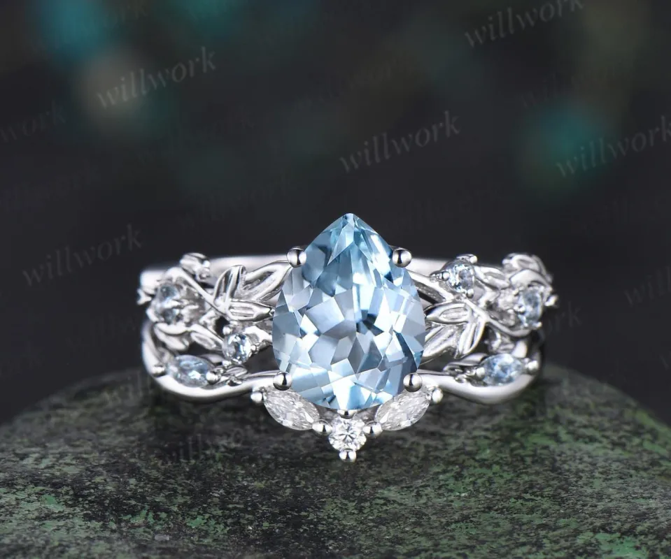 Pear shaped Aquamarine ring leaf infinity nature inspired engagement ring set 18k white gold stackable promise wedding ring set jewelry sold by Willwork Jewelry