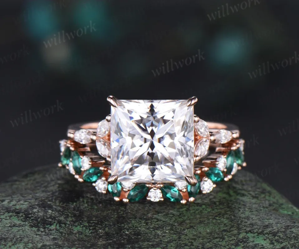 4ct princess cut moissanite engagement ring set rose gold stacking marquise emerald wedding promise ring set women jewelry sold by Willwork Jewelry