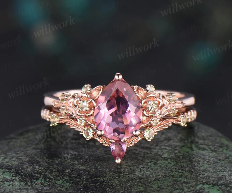 Teardrop pear cut natural pink tourmaline engagement ring set solid 14k rose gold floral leaf peridot ring vintage promise ring her jewelry made by Willwork Jewelry