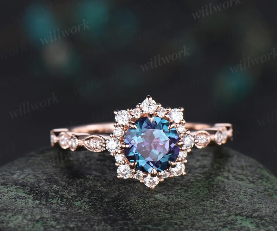 1ct round alexandrite wedding ring rose gold 8 prong milgrain art deco halo emerald engagement ring May birthstone ring jewelry gift sold by Willwork Jewelry
