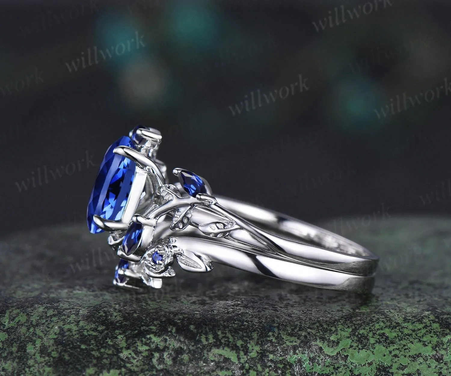 Oval cut blue sapphire ring vintage white gold leaf floral nature inspired engagement ring set blue gemstone bridal ring set women jewelry sold by Willwork Jewelry product image thumbnail 5