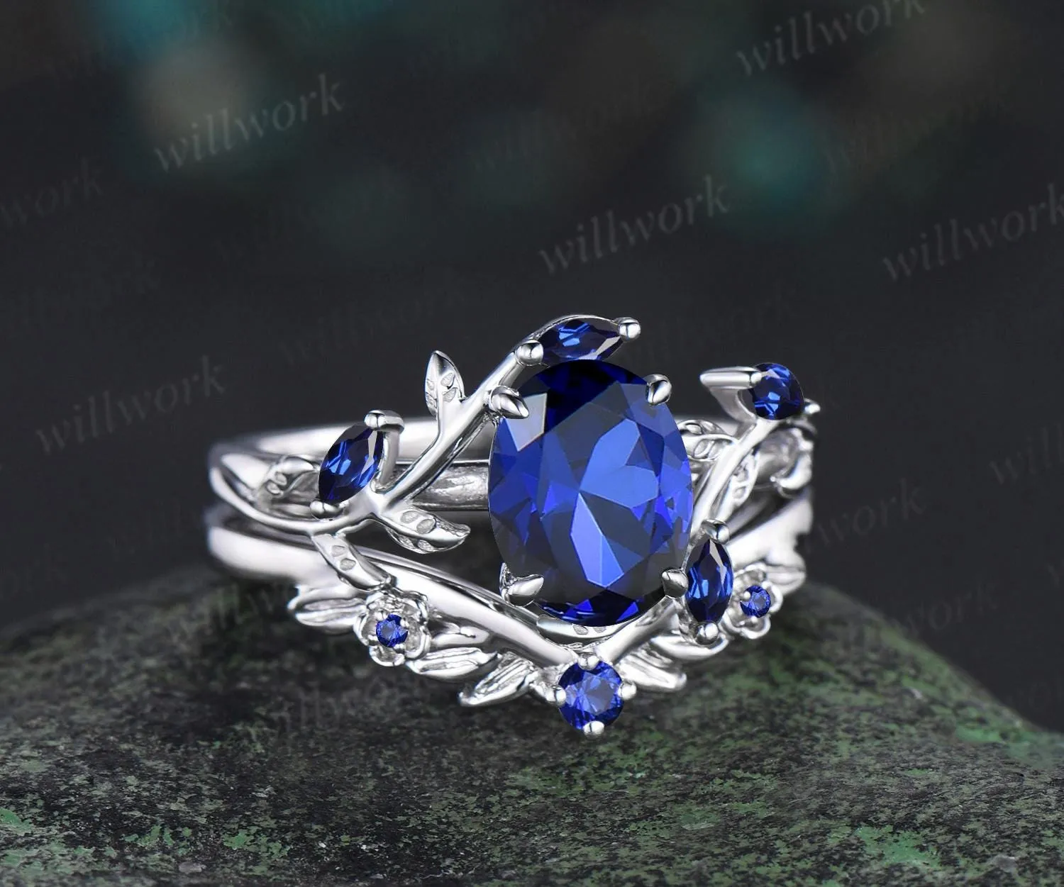 Oval cut blue sapphire ring vintage white gold leaf floral nature inspired engagement ring set blue gemstone bridal ring set women jewelry sold by Willwork Jewelry product image thumbnail 4