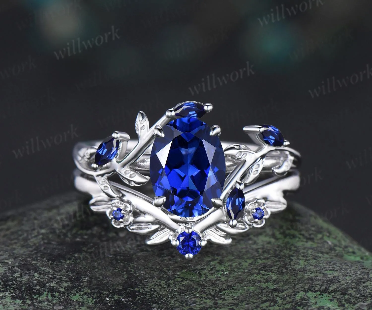 Oval cut blue sapphire ring vintage white gold leaf floral nature inspired engagement ring set blue gemstone bridal ring set women jewelry sold by Willwork Jewelry