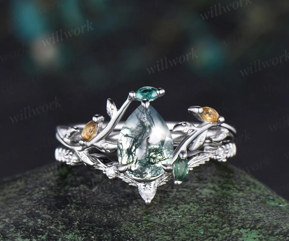 Pear shaped natural moss agate engagement ring emerald citrine cluster leaf nature inspired bridal anniversary ring set women gift silver made by Willwork Jewelry