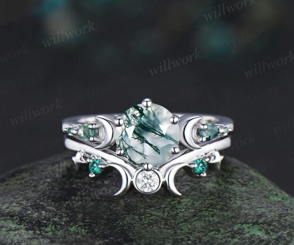 Round natural moss agate ring vintage white gold moon five stone unique engagement ring emerald bezel sun star ring jewelry sold by Willwork Jewelry