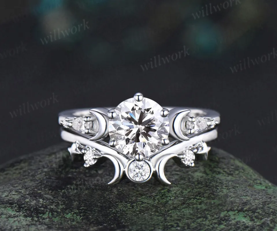 Vintage round IGI lab grown diamond engagement ring set white gold sun moon star moissanite ring unique promise wedding ring women jewelry sold by Willwork Jewelry