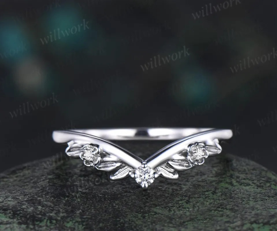 Three stone floral leaf diamond wedding band solid 14k white gold stacking matching bridal anniversary ring gift sold by Willwork Jewelry