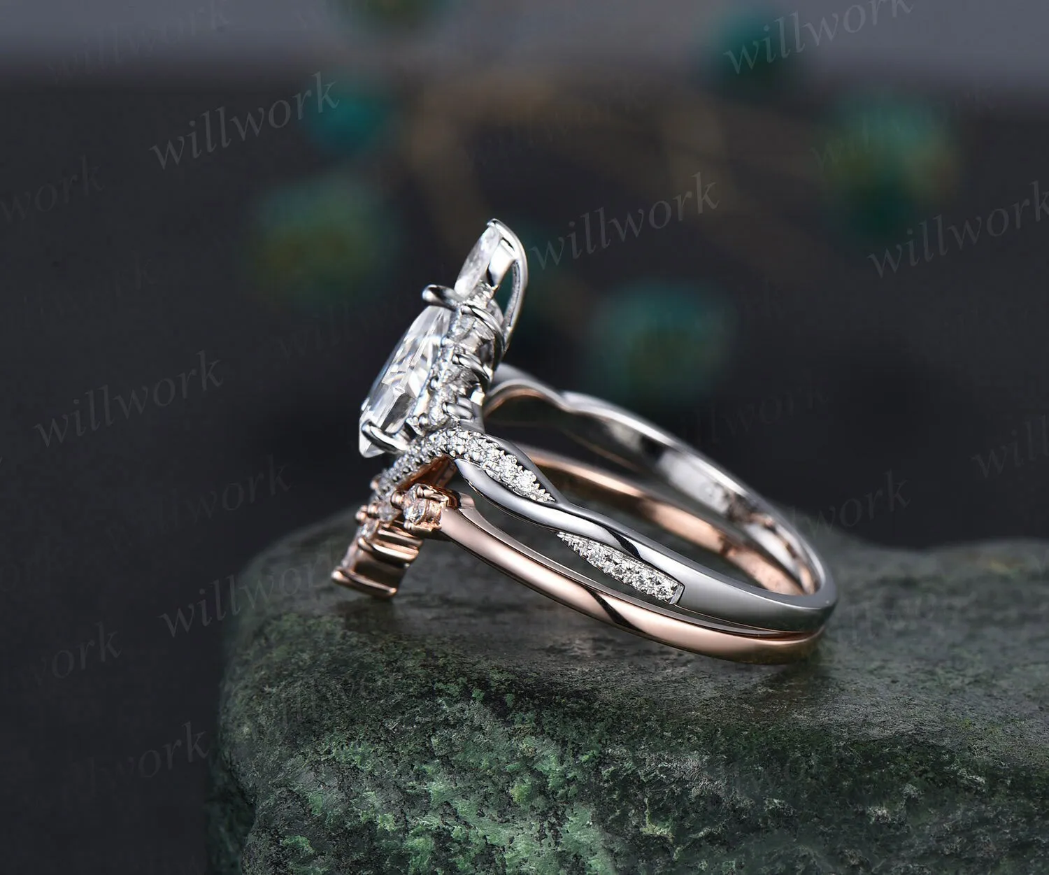 Vintage kite cut IGI lab-grown diamond ring gold halo unique engagement ring set art deco curved twisted marquise diamond wedding ring set for women sold by Willwork Jewelry product image thumbnail 4