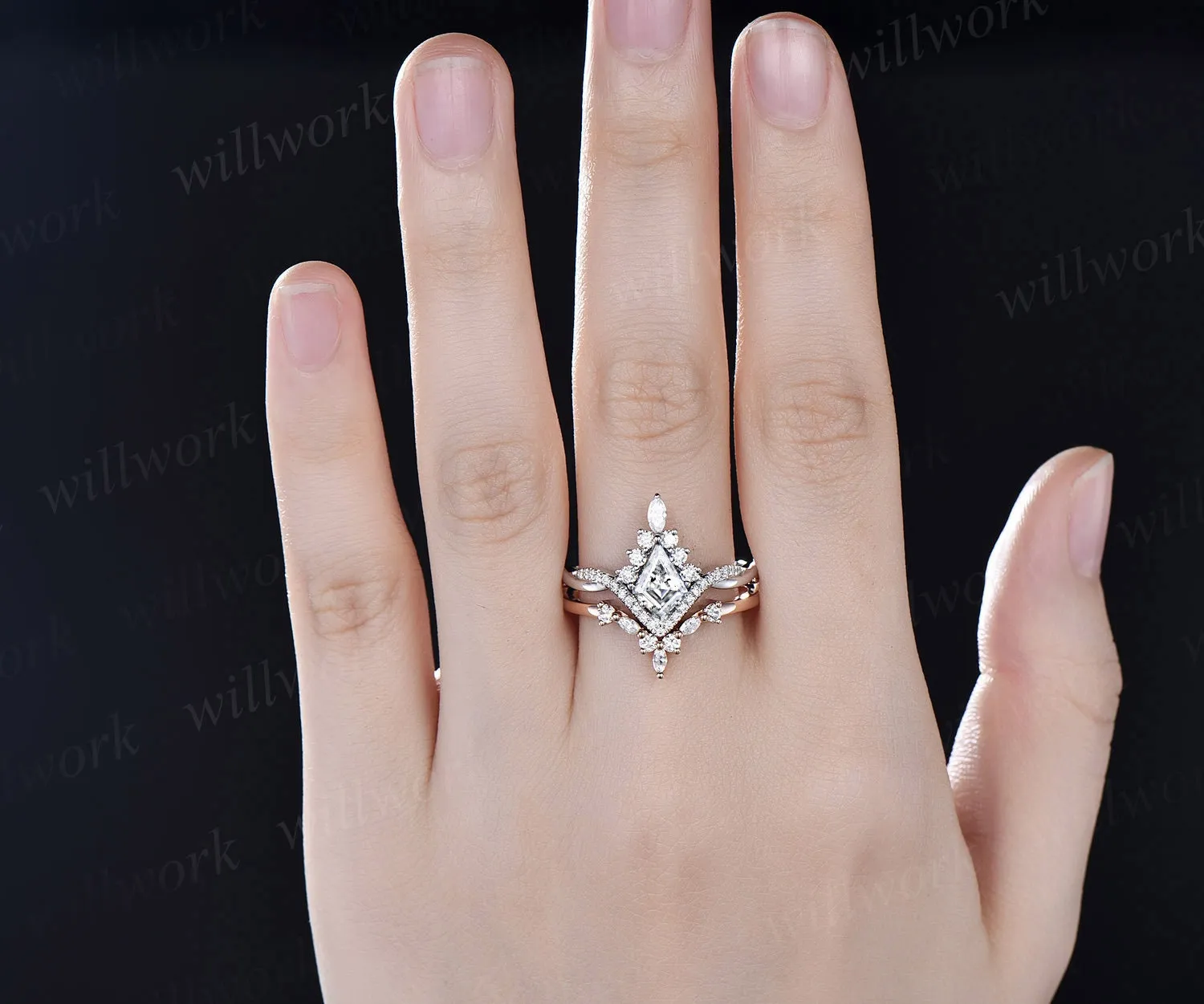 Vintage kite cut IGI lab-grown diamond ring gold halo unique engagement ring set art deco curved twisted marquise diamond wedding ring set for women sold by Willwork Jewelry product image thumbnail 2