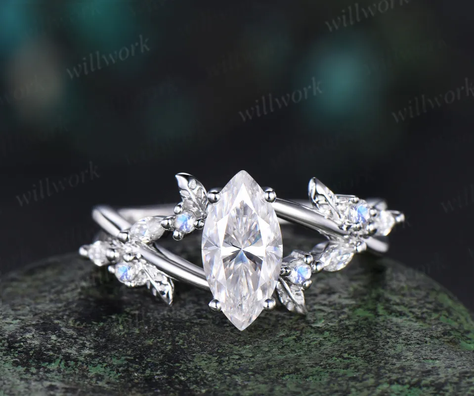 1ct marquise cut IGI lab-grownd diamond engagement ring white gold infinity leaf moonstone ring vintage diamond promise wedding ring women made by Willwork Jewelry