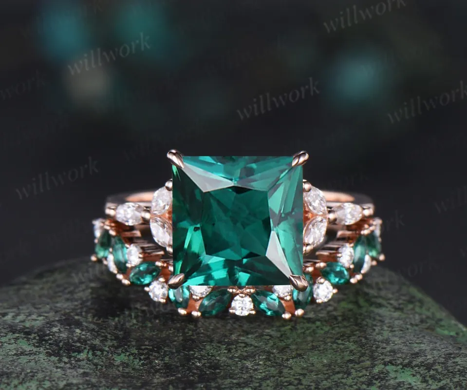4ct princess cut green emerald engagement ring set solid 14k rose gold stacking marquise emerald wedding ring set women jewelry sold by Willwork Jewelry