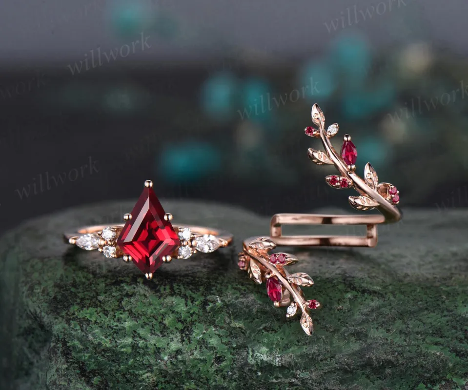 Kite cut red ruby engagement ring set 14k rose gold leaf diamond wedding band enhancer unique wedding ring set women July birthstone ring sold by Willwork Jewelry