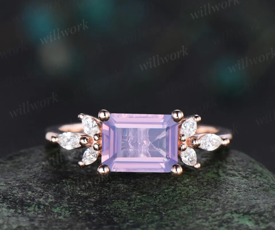 East to west emerald cut Lavender Amethyst engagement ring vintage cluster marquise diamond crystal wedding ring rose gold gift for women sold by Willwork Jewelry