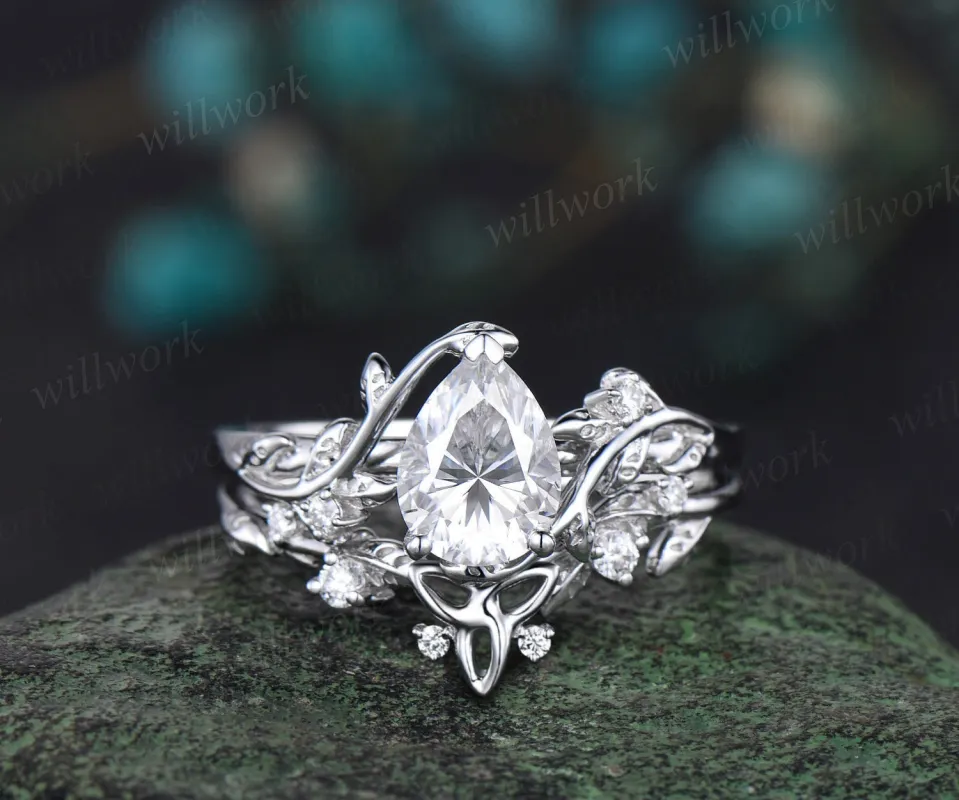 Vintage Pear shaped IGI lab-grown diamond engagement ring white gold leaf branch diamond bridal ring set Celtic knot wedding ring band women jewelry sold by Willwork Jewelry