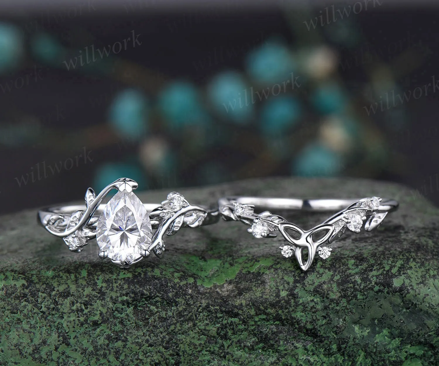 Vintage Pear shaped IGI lab-grown diamond engagement ring white gold leaf branch diamond bridal ring set Celtic knot wedding ring band women jewelry sold by Willwork Jewelry product image thumbnail 4