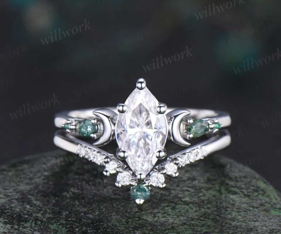 1ct marquise cut moissanite engagement ring set women 14k white gold 6 prong five stone moon moss agate stacking promise ring set sold by Willwork Jewelry