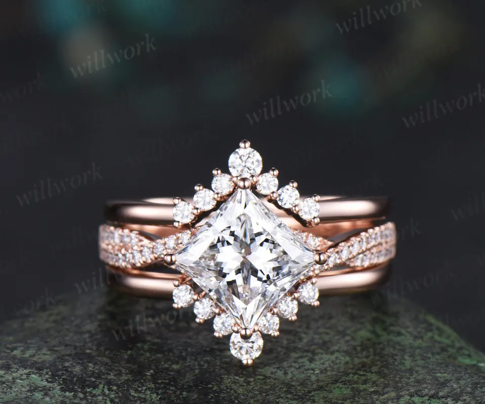 Princess cut lab-grown diamond engagement ring set rose gold twisted half eternity diamond-accented wedding ring sold by Willwork Jewelry