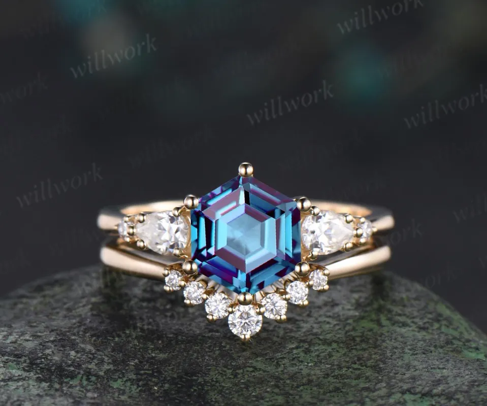 Unique hexagon cut Alexandrite engagement ring set solid 18k yellow gold 6 prong wedding ring set women June birthstone ring silver sold by Willwork Jewelry