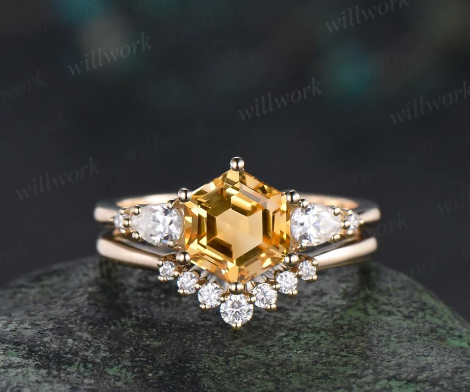 Unique hexagon cut yellow citrine engagement ring set five stone moissanite gold ring women matching wedding ring her gift silver sold by Willwork Jewelry