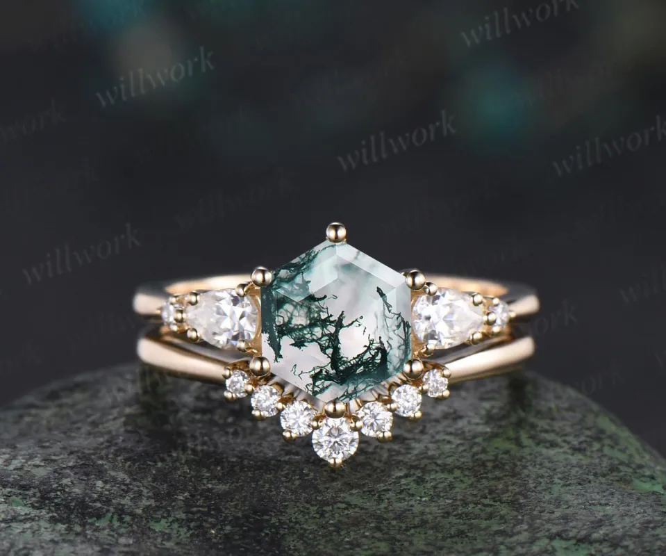 Unique hexagon cut moss agate engagement ring set five stone moissanite yellow gold ring women stackable promise ring her gift sold by Willwork Jewelry
