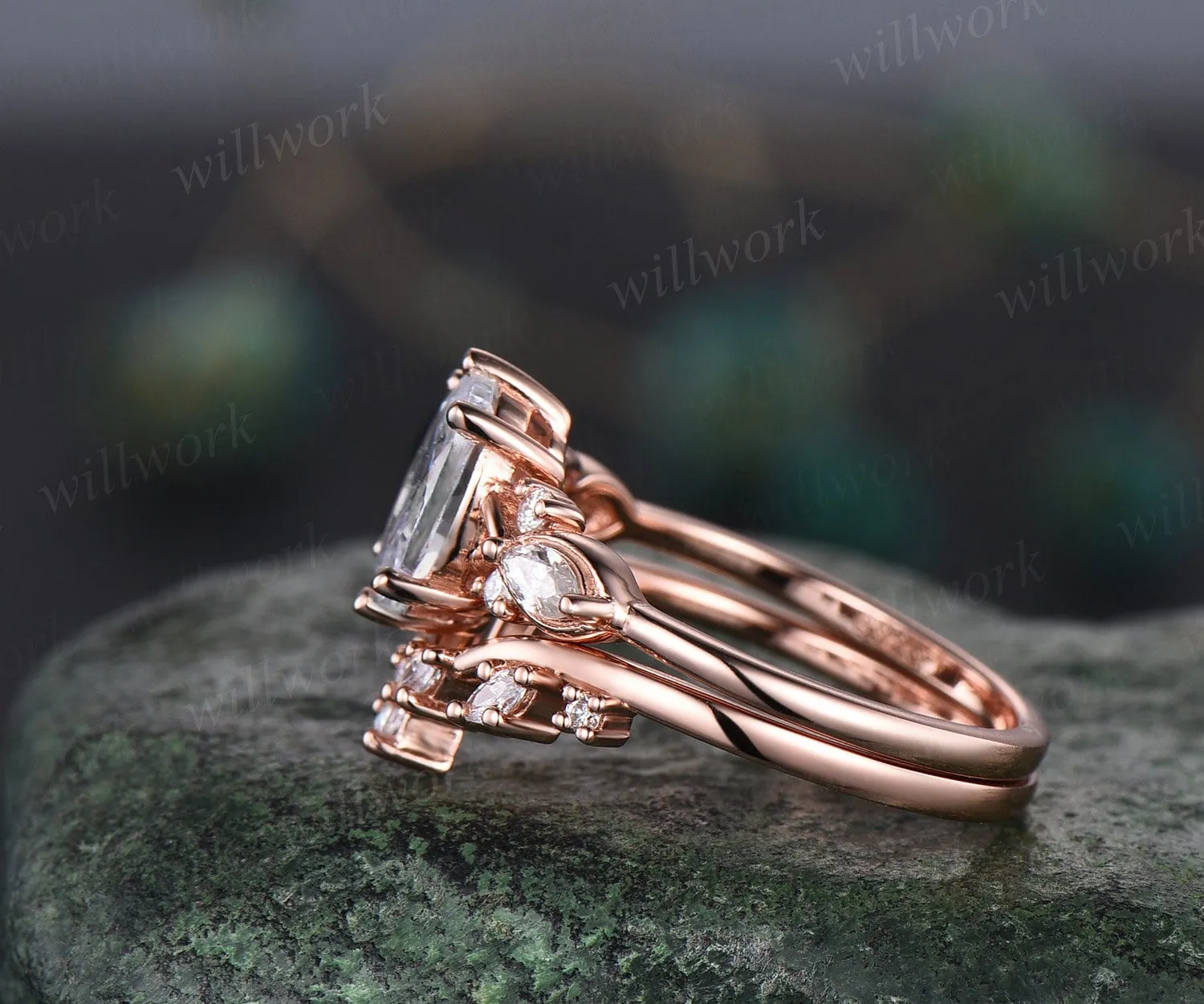 Vintage oval cut IGI lab-grown diamond engagement ring set 14k rose gold marquise cut diamond-accented ring women unique promise bridal wedding ring set sold by Willwork Jewelry product image thumbnail 4
