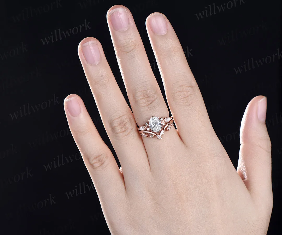 Vintage oval cut IGI lab-grown diamond engagement ring set 14k rose gold marquise cut diamond-accented ring women unique promise bridal wedding ring set sold by Willwork Jewelry product image thumbnail 2